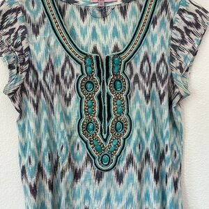 Calypso mini ikat dress, gorgeous bead and embroidery detail women's size Small